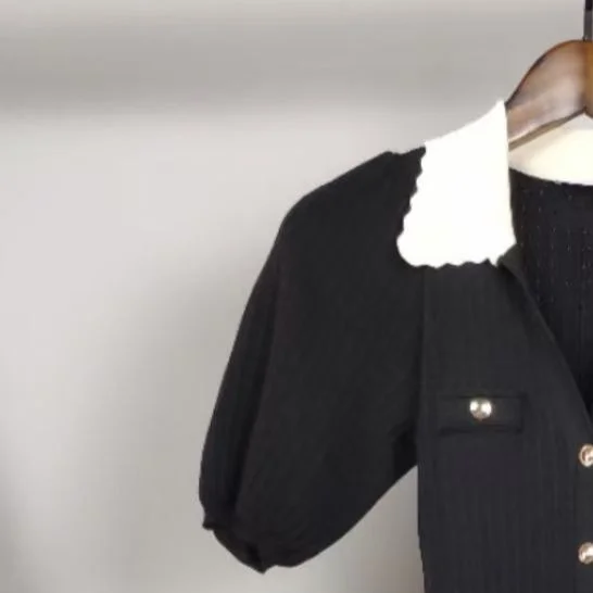 

Early Autumn Women Black Knit Midi Dress Peter Pan Collar Single Breasted Ladies Puff Sleeve New 2021 Color Patchwork Long Robe