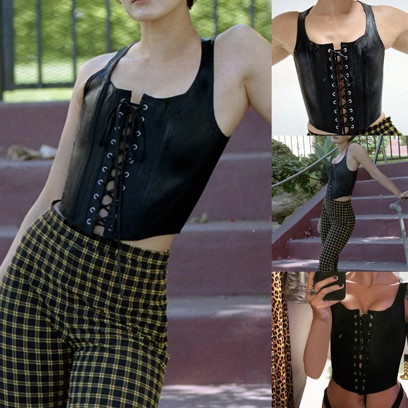 

Women's Fashion Short Straps Exposed Navel Sexy Slim Temperament PU Vest Black