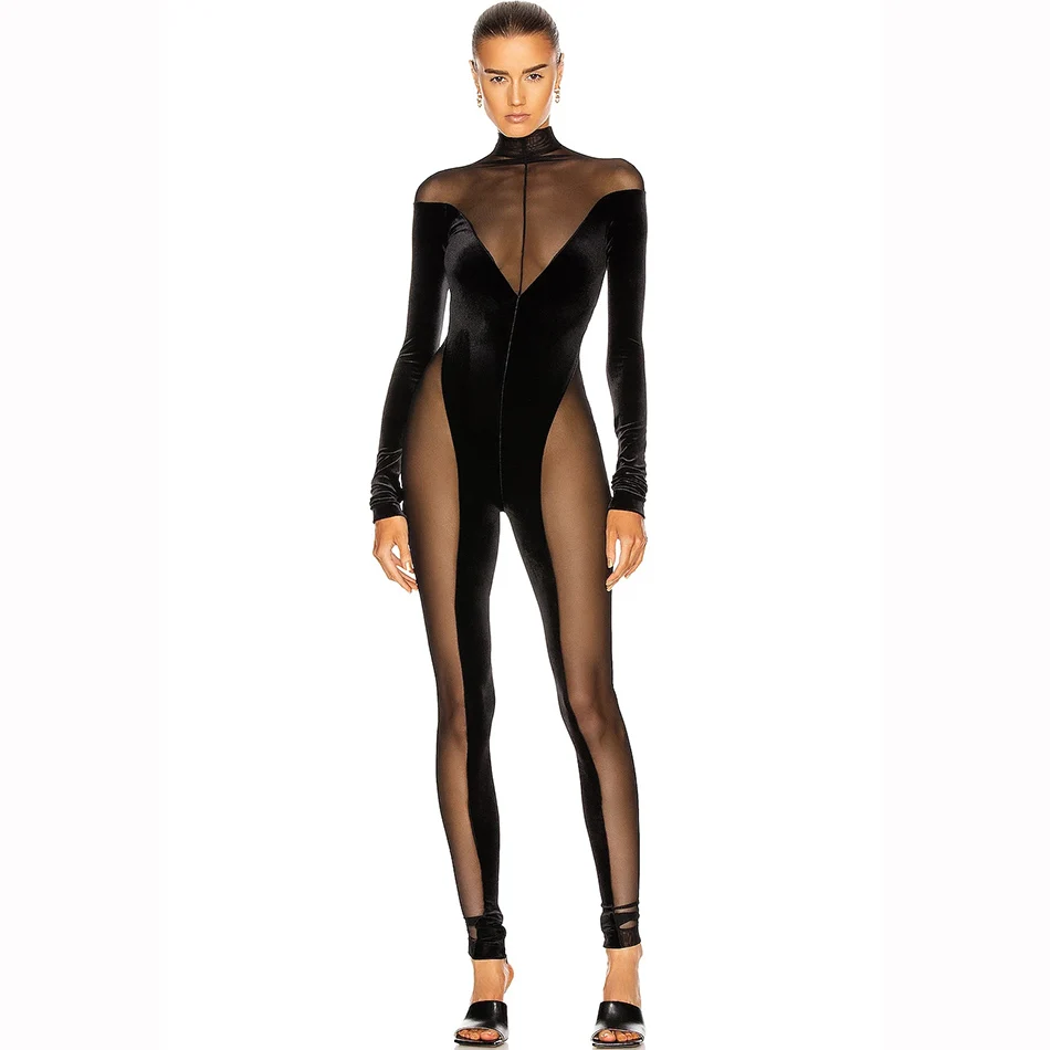 

High-Quality Women'S Spring 2021 New Sexy High-Neck Long-Sleeved Mesh See-Through Jumpsuit Black Fashion Bodycon Jumpsuit