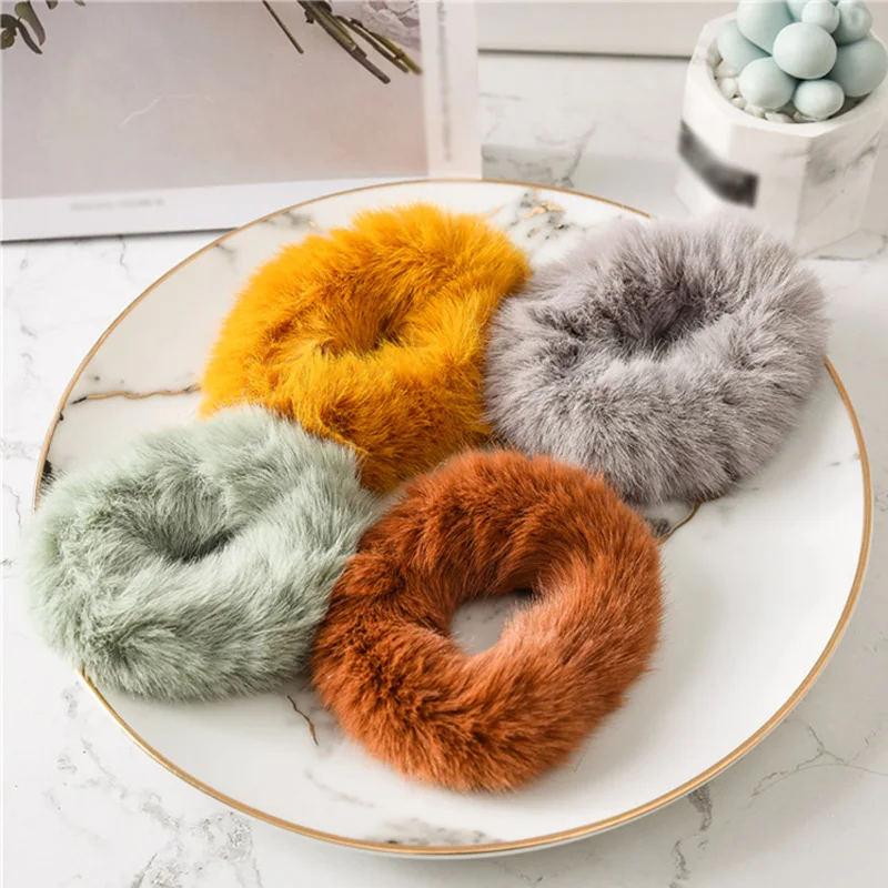 women winter Rabbit Hair Soft Elastic Bands Girls Cute Scrunchie Ponytail Holder Rubber Band True Fur Accessories |
