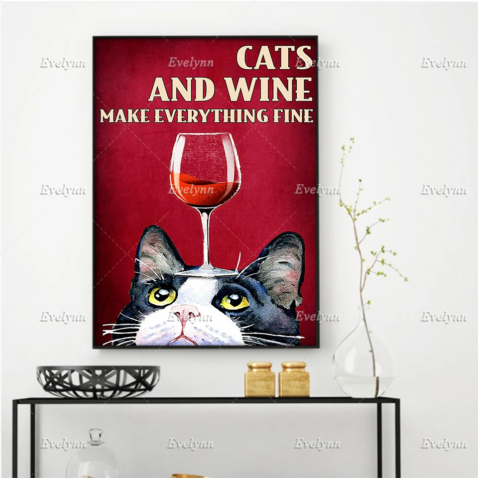 

Cats And Wine Make Everything Fine Retro Poster Wall Art Prints Home Decor Canvas Unique Gift Floating Frame