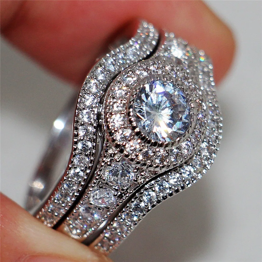 

3 pcs/set S925 Silver Color Zircon Stone Wedding Engagement Ring Set for Women Fashion Jewelry 2019