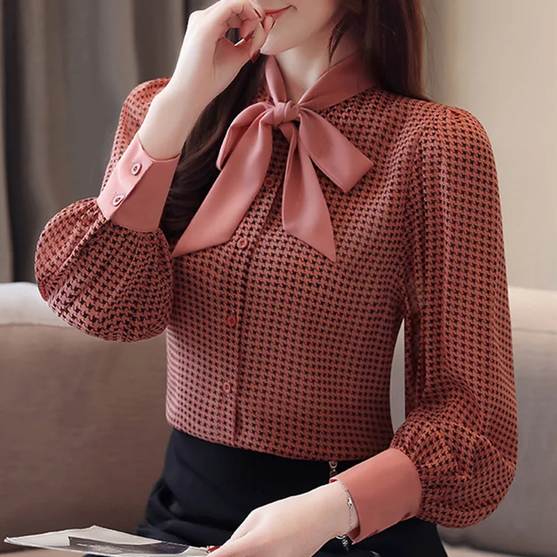 Блузка женская шифоновая в клетку Модная элегантная офисная рубашка с завязкой и