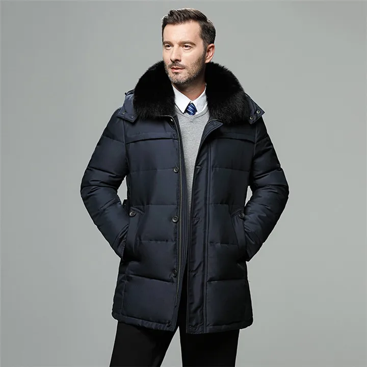 687 dark blue Aismz мужская зимняя куртка для России, длинное пальто с меховым воротником, толстая ветрозащитная водонепроницаемая куртка на 90% белом утином пуху для мужчин-25 градусов - Цвет: 687 dark blue