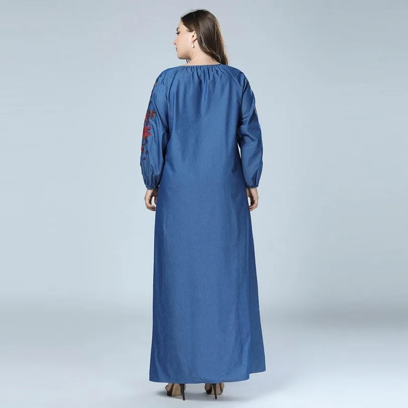 Плюс Размеры осень вышивка Абая для мусульман Джинсовое платье одежда из Дубая с
