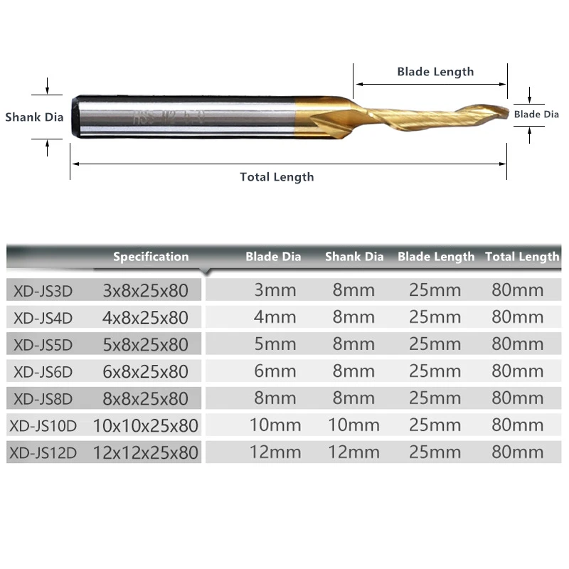 

Multi-size CNC Engraving End Mill 3-12mm Drill Bits Single Flute Milling Cutter Titanium-plated Drill Bit Cutting Tool Machining