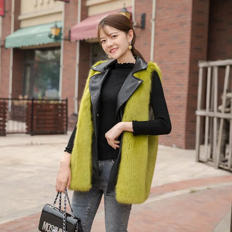 

2021 Autumn Winter Splicing Coat Slim Buttons Jacket Female Casual Faux Fur Vest Winter Jacket Women Leather Outerwear Y39