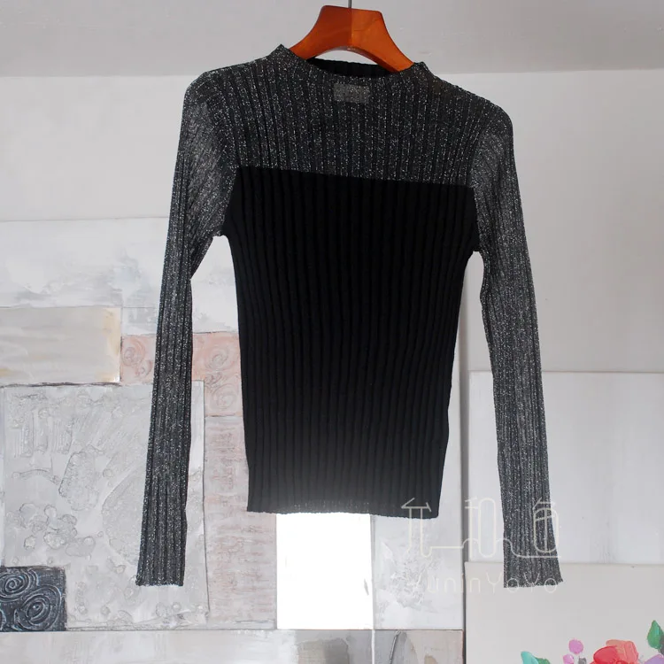 

Exquisite girl Japanese imported shiny silver chimney collar full wool pit striped sweater top excellent