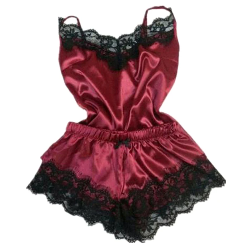 

Fashion Women Pajamas Women Sleepwear Sleeveless Strap Nightwear Lace Trim Satin Cami Top Pajama Sets Sexy Hot Erotic Home Wear