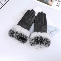 hot sale womens genuine sheep skin leather gloves autumn winter warm rabbit fur trim driving gloves mittens