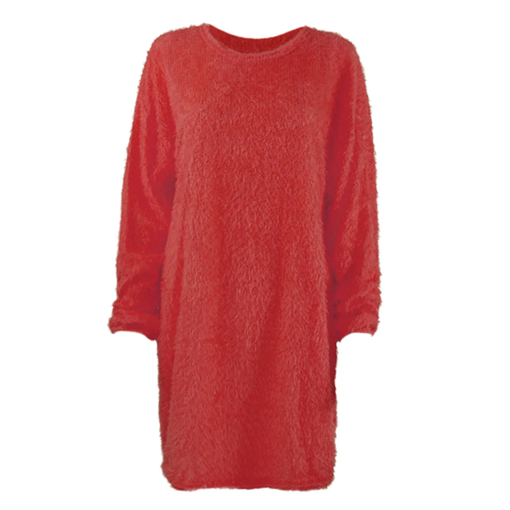 

Women O Neck Long Sleeve Sweatshirts Dress Casual Solid Color Plush Fluffy Knee Length Dress Autumn Vintage Vestido Plus Size
