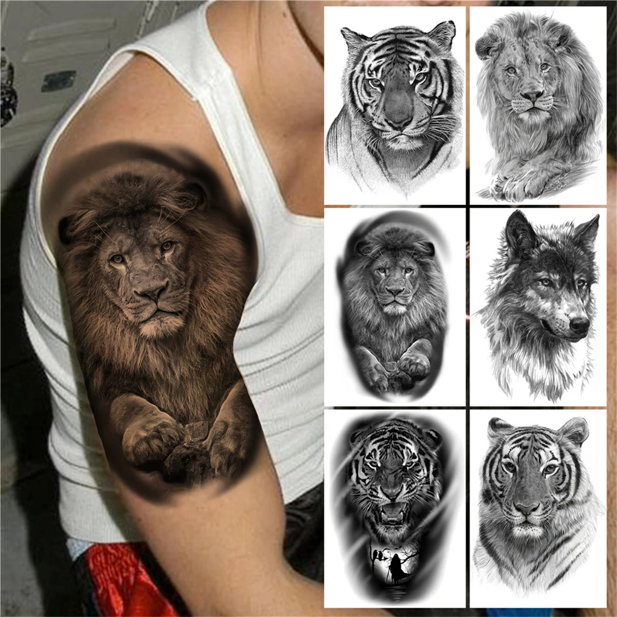 

Realistic Fake Lion Tiger Temporary Tattoos For Men Women Adult Black Animals Tattoo Sticker Wolf Demon Body Art Tatoos Arm Body