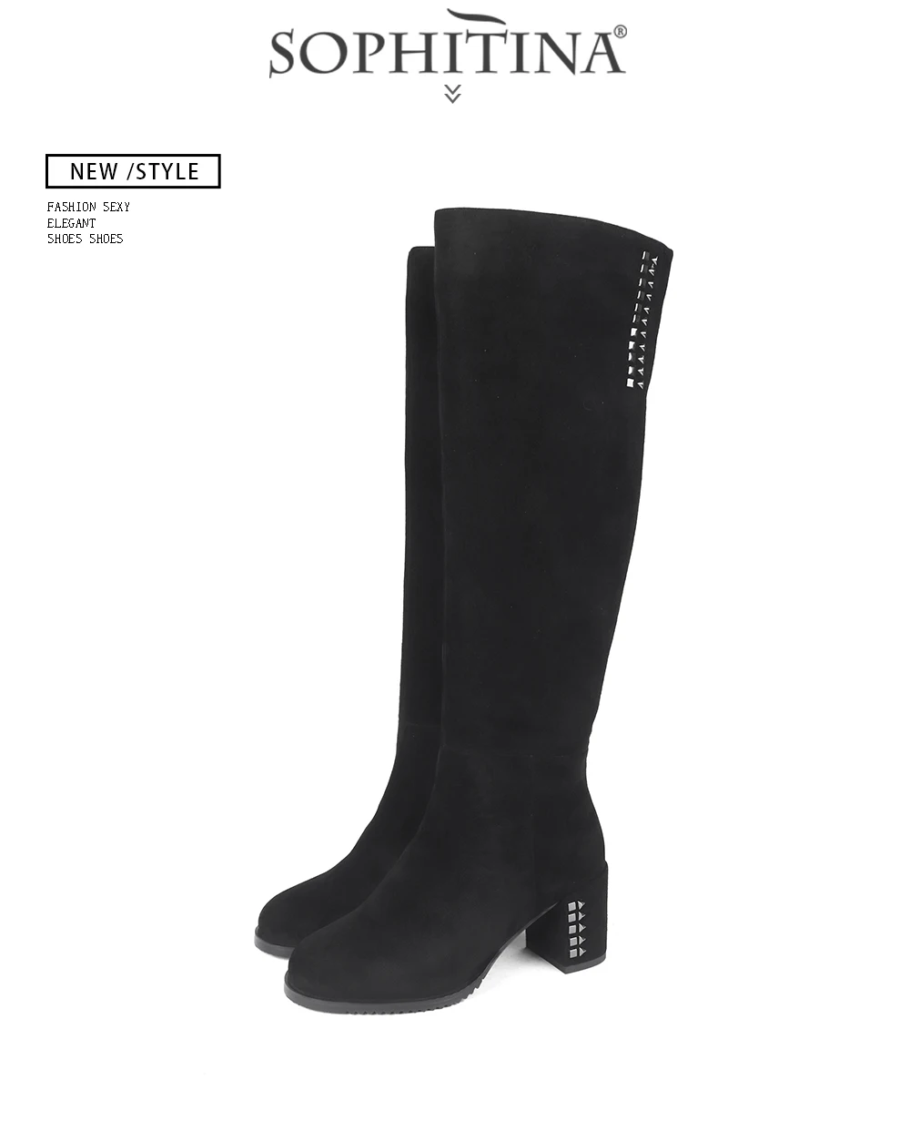 SOPHITINA Brand Boots Woman Handmade Round Toe Square High Heel Winter Boots Kid Suede Knee High Wool Fur Shoes SC206