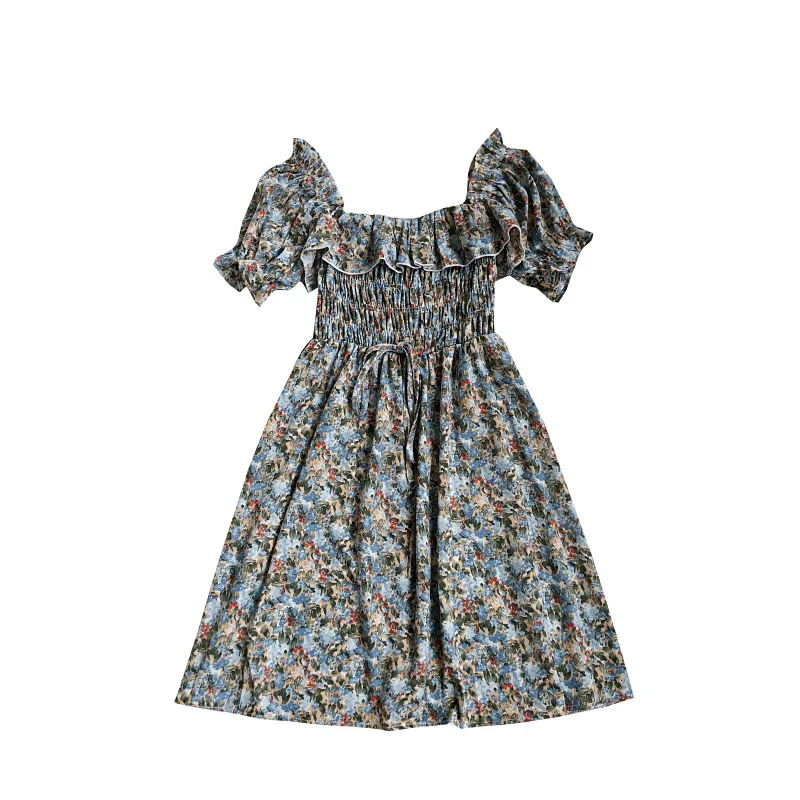 

Summer New Sweet Square Collar Floral Bowknot Short-sleeved Elastic Waist Pleated Dress Women with Wooden Ears