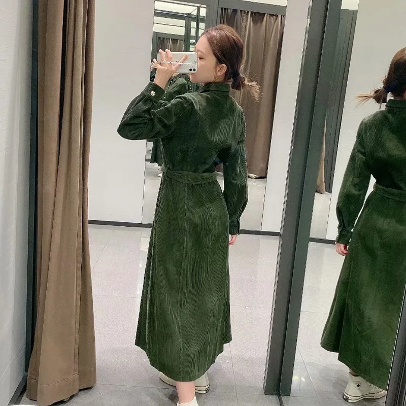 

Fashion With Belt Green Dress Women Za 2020 Lapel Long Sleeve Midi Dress Ladies Buttons Casual Dress