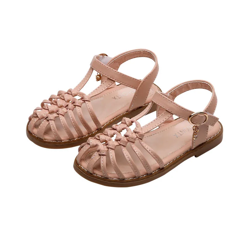 

2021 Summer Kids Girl Shoes Sandals Hook&Loop Solid Cover Toe Fashion Sweet Flat Heels Non-slip Beach Hollow Gladiator Sandals