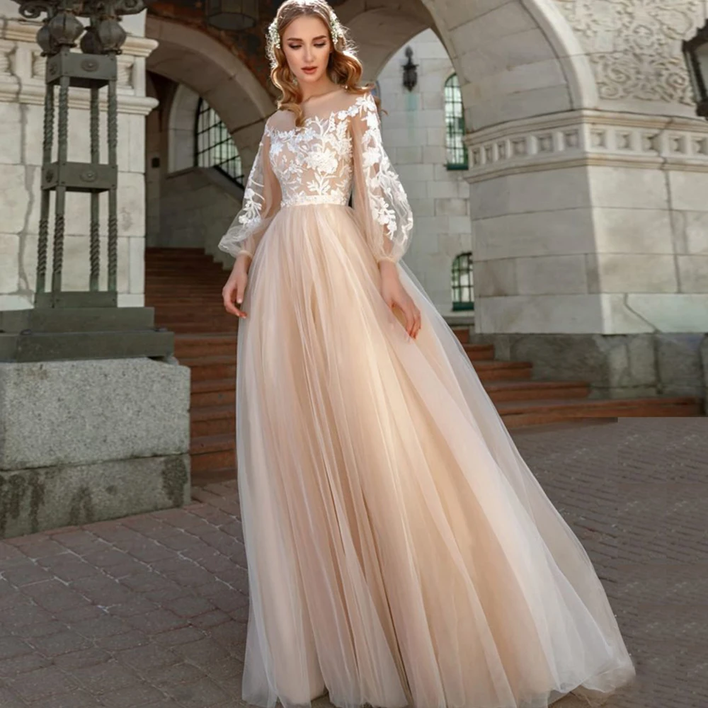 

Champagne Princess Wedding Dresses Tulle O-Neck Lantern Sleeves Appliques Buttons Back 2021 Bride Gowns Vestido De Noiva