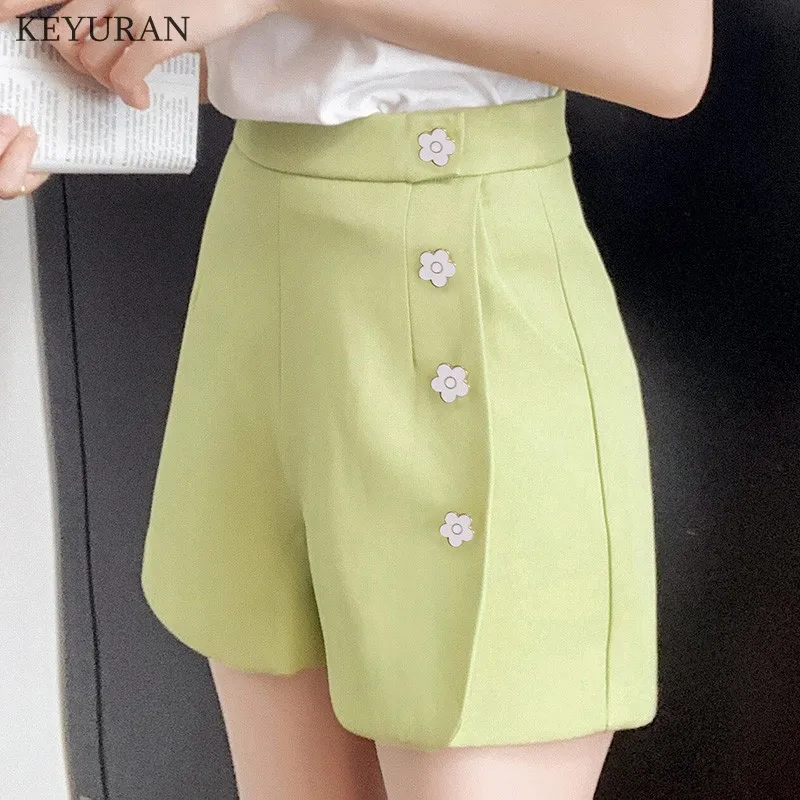 

High Waist Polyster Women Shorts Summer plum flower Buttons Female Back Zipper Bottoms Fashion Streetwear pants Wide Leg Shorts