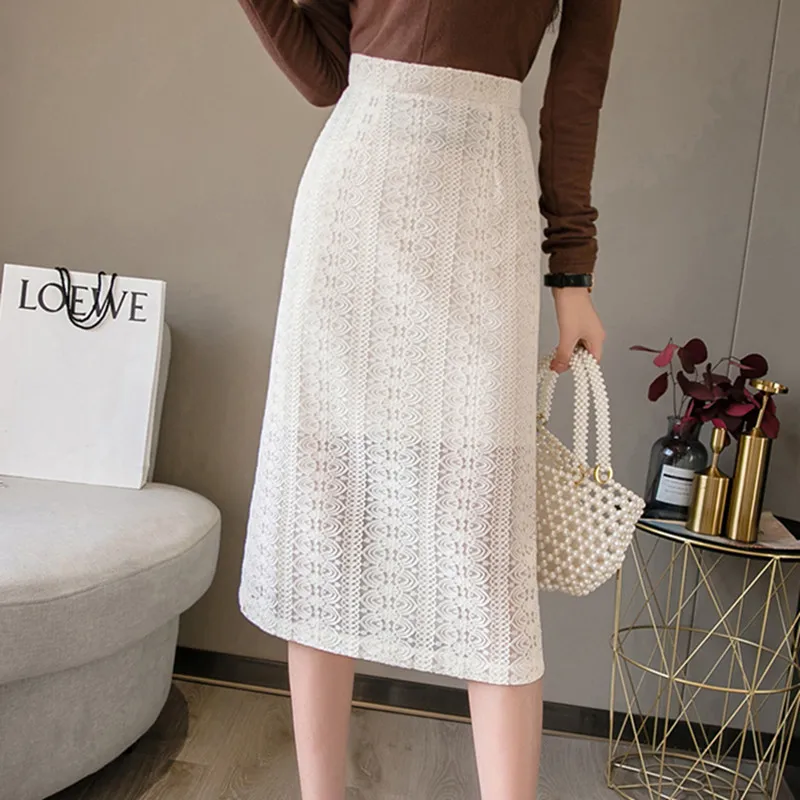 Корейская кружевная юбка женская элегантная с высокой талией Женская белая