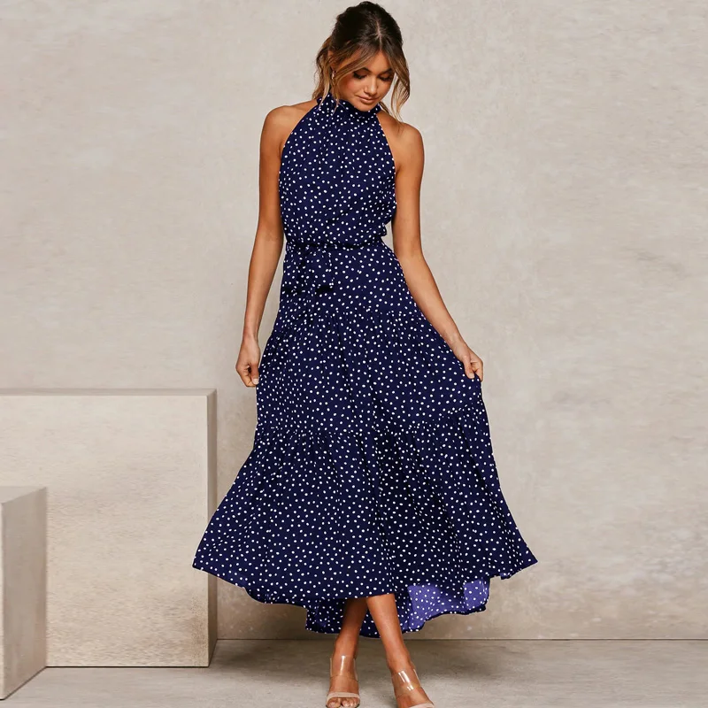 

2021 Summer Fashion Print Bohemian Beach Sleeveless Long Dress Women FasCasual O-Neck Waist Lace Up Swing Maxi Dresses vestidos