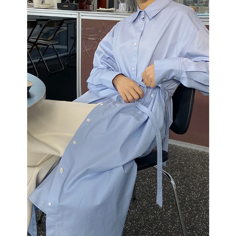 

2021 Spring New Belt Fitted Waist High Waist Shirt Dress Loose Slit Long Sleeve