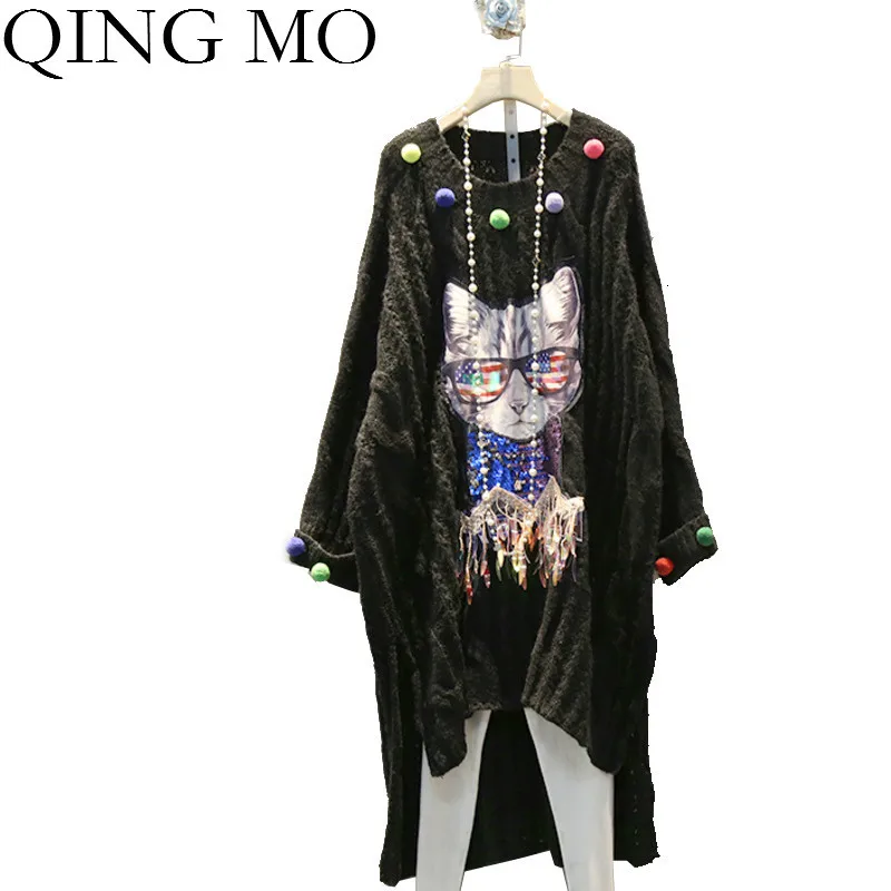 Фото Женское трикотажное платье свитер QING MO черное с котом зима - купить