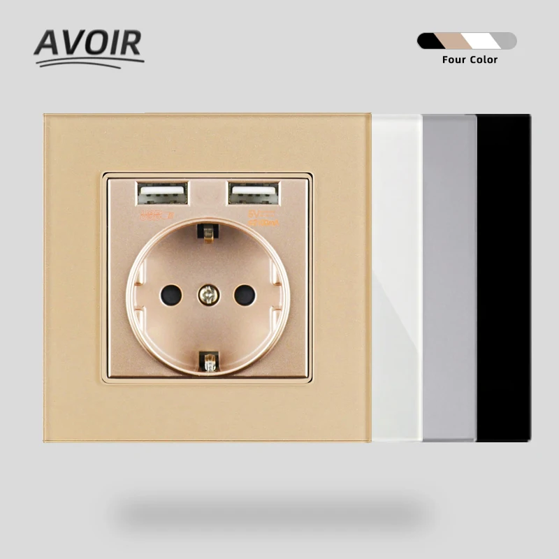 

Avoir Usb Wall Socket Electrical Outlets EU European Standard Crystal Glass Panel White 86 Type Power Sockets With Dual USB 2.1A