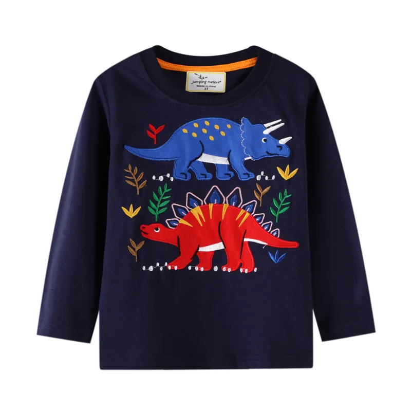 

Jumping Meters Boys T-shirt Autumn Cartoon Dinosaur Pattern Casual Cotton Crew Neck for Long Sleeve Top Clothes 2-7years