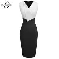 summer stylish women patchwork v neck designed elegant casual work office sleeveless sheath slim dress eb529