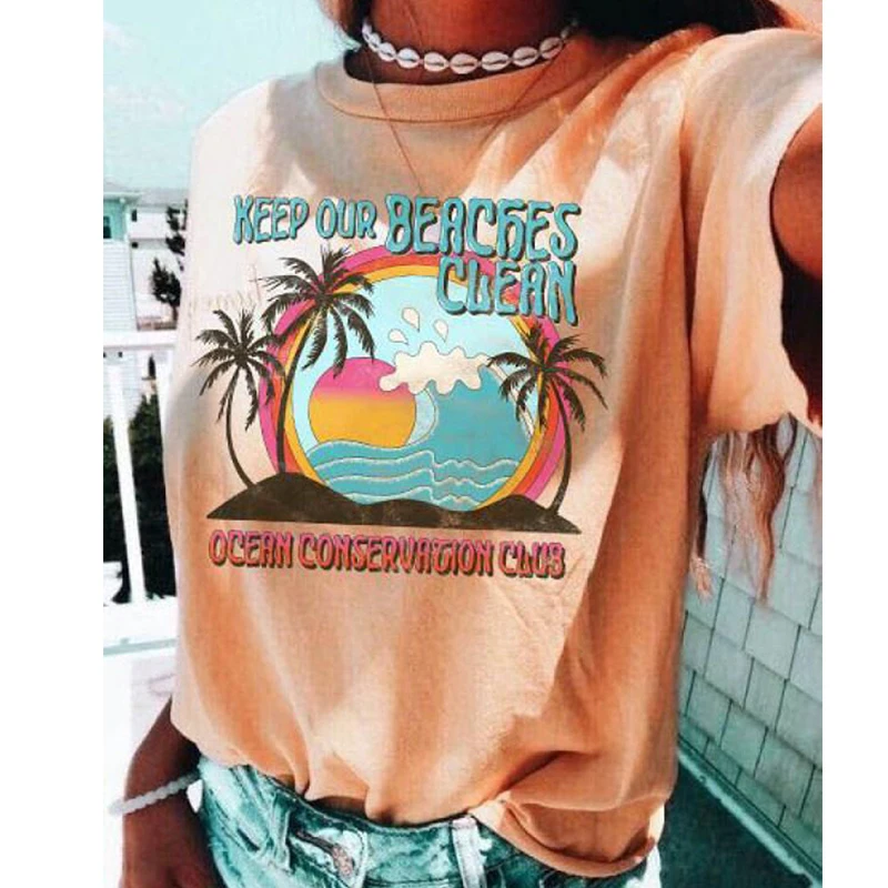

Coconut Sunrise Print Loose Beach Style Graphic T Shirts Women Short Sleeve O Neck Casual T Shirt for Women Summer New Vacation