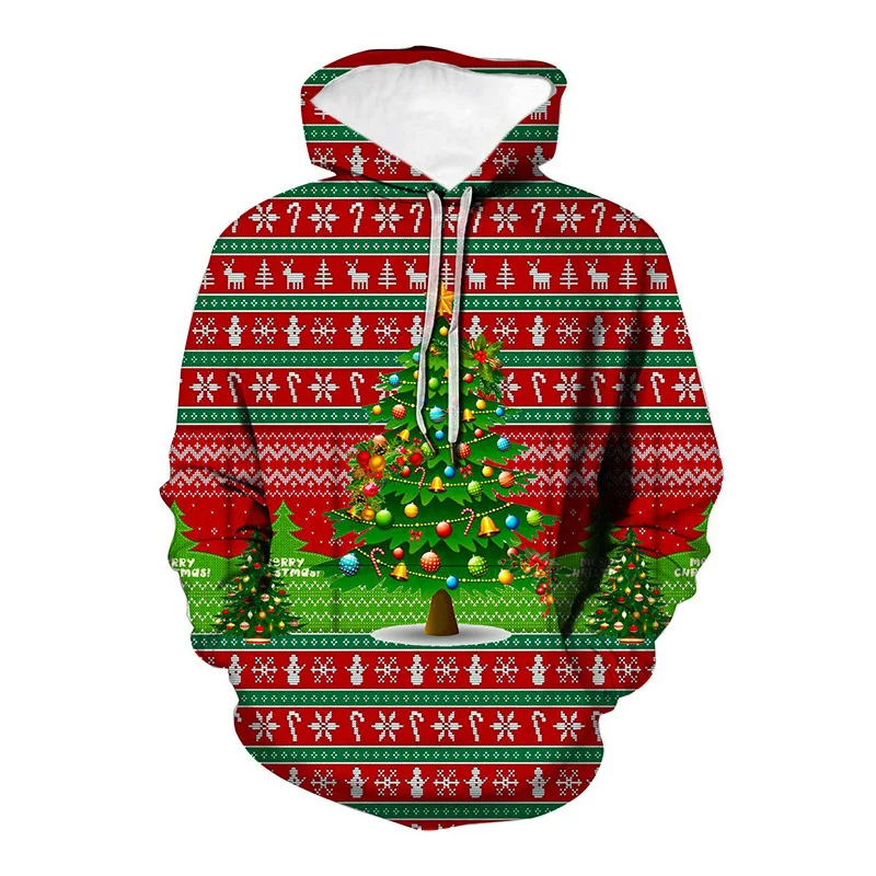 

Unisex Green Christmas Trees 3D Digital Print Loose Hooded Sweater Pullover Women Men Xmas New Year Baseball Sweatshirt Hoodie
