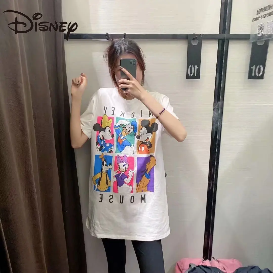 

Disney summer trendy medium and long matching top women's cartoon Mickey Mouse printed cotton short-sleeved T-shirt