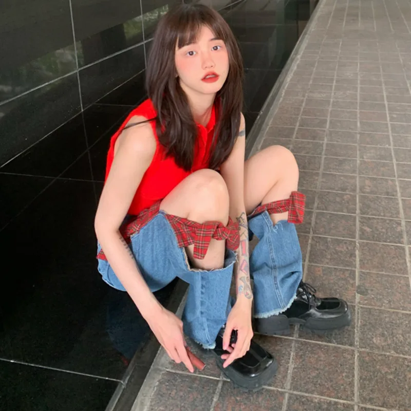 

IEQJ Lattice Stitching Ripped Bow Jeans Women's High Waist Was Thin, Straight And Loose Design Feeling Trendy Summer tide 3F0941