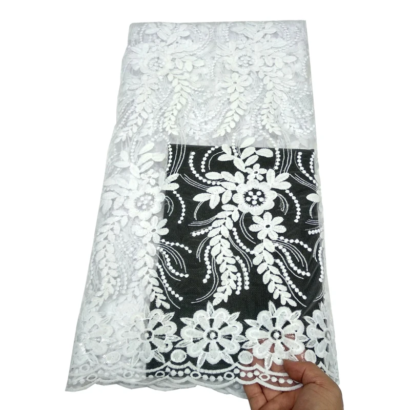 

Hot Selling Net Embroidered Lace Fabric for Wedding Dress French Lace High Quality African Net Lace 5yards White S409-2