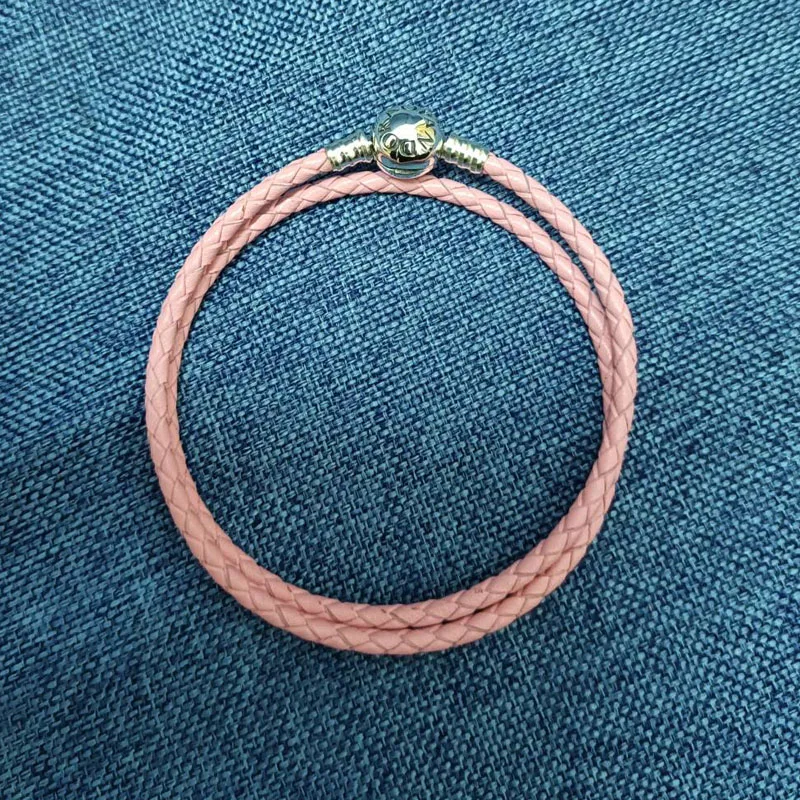 

Genuine Long Double Pink Black Red Fit Pandora bead Braided Leather Chain Women Bracelets with 925 Sterling Silver Snake Clasp