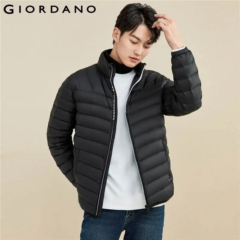 Giordano Men Down Jackets Printed Lightweight Grey Duck Down Jacket Stand Collar Machine Washable Down Coat 01071700