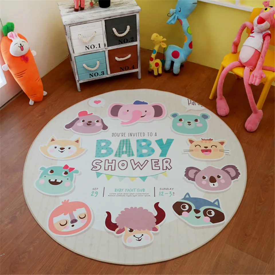 

Cute Cartoon Animal Print Carpet Round Children Room Rug Soft Crystal Fleece Play Mat Baby Bedroom Area Rug For Kids