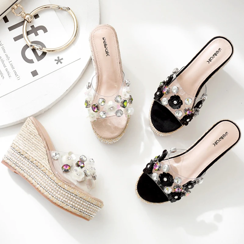 Прозрачные Летние эспадрильи Женская обувь из пеньковой ткани Шлепанцы на