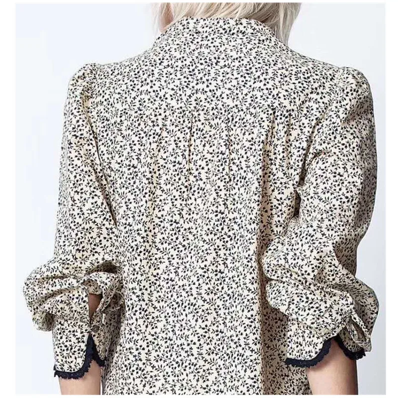 2020 new light yellow floral stand collar ruffled lace trim long sleeve shirt