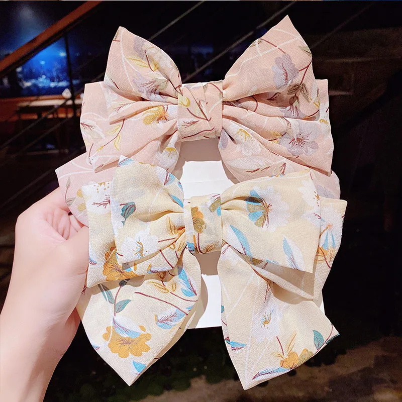 

New Women Girls Cute 3 Layers Print Flower Big Bow Hair Clips Sweet Hair Ornament Headband Hairpins Fashion Hair Accessories
