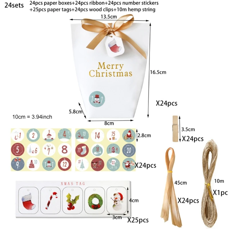 

K3NA 24 Sets Christmas 1-24 Advent Calendar Cookie Candy Cartons with Tags Clips