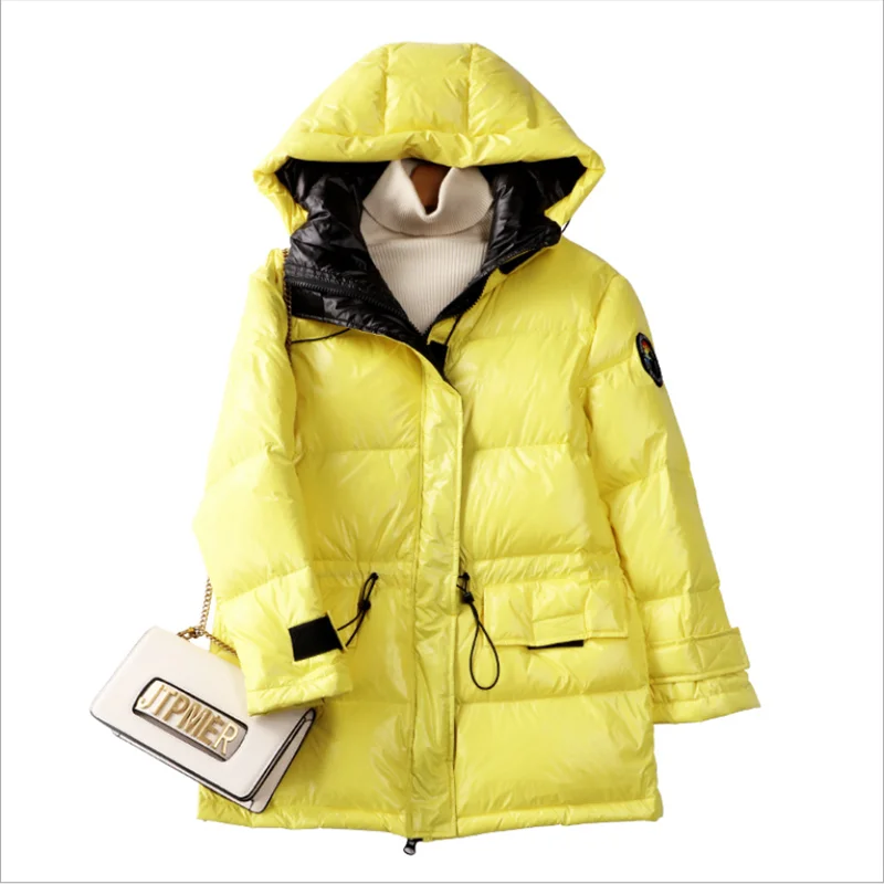 Новинка Зима 2019 стильная куртка с капюшоном и блестящей поверхностью Спортивная