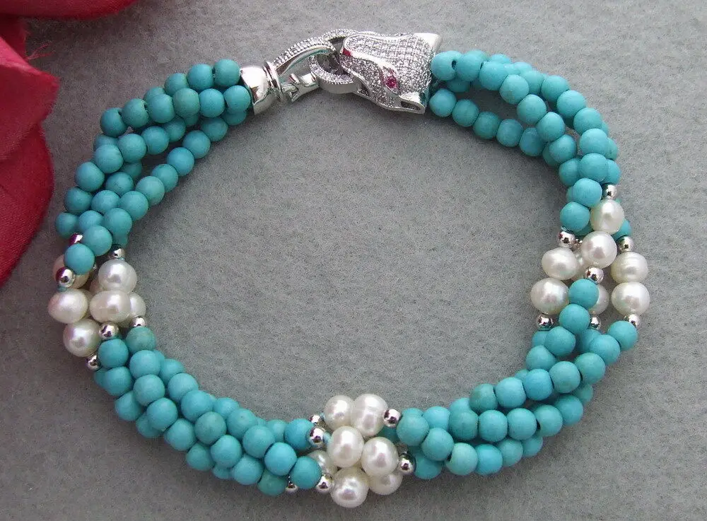 

8'' 4Strds Round Turquoise White freshwater Pearl Bracelet