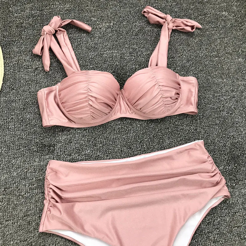 

Women Split swimsuit pleated hard pack sexy gathering shiny high waist bikini High waist Beach Bikini set summer Bikini