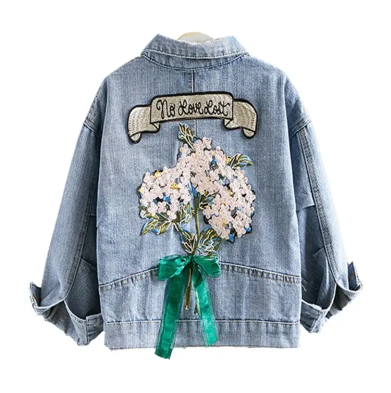 

Детская джинсовая куртка для девочек, с цветочным принтом, демисезонная, с бантом, От 2 до 7 лет