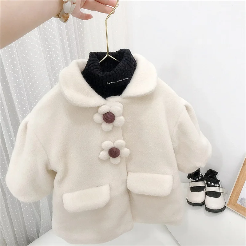 

Girls Woolen Coat Jacket Cotton Outwear 2022 Flowers Warm Thicken Plus Velvet Winter Teenager Furs School Children's Clothes