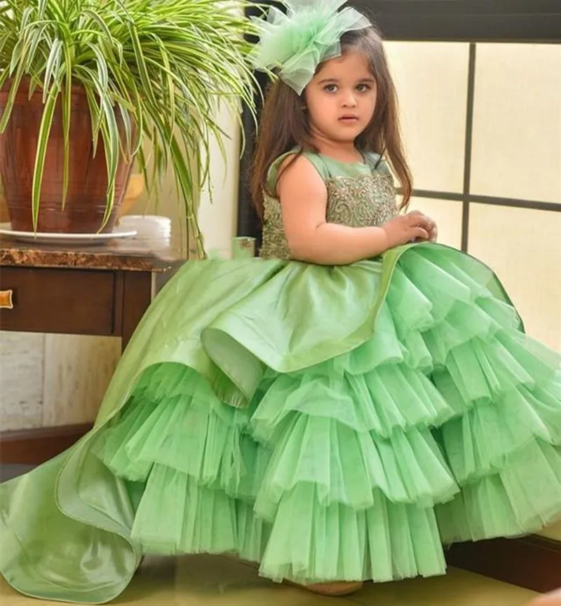 

Beaded Lace Flower Girl Dresses Ball Gown Satin Tiers Kids Birthday Dress Pageant Christmas New Year Gowns