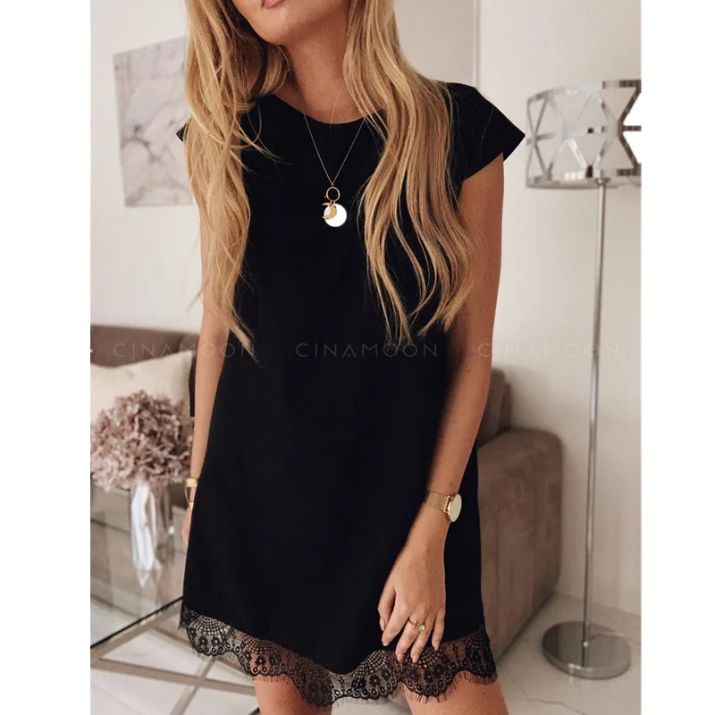 

2021 Summer New Fashion Sexy Women's Mini Dress Casual O Neck Short Sleeve Solid Lace Patchwork Ruffle Lady Dress Basic