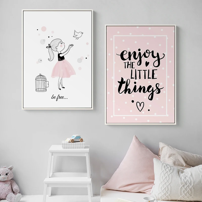 Розовая мультяшная девушка холст постер Птицы Детская настенная живопись