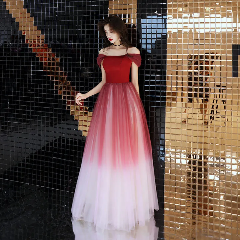 

Fashion Sweet Gradient red Off Shoulder Evening Dress Floor-length Romantic Princess Formal Party Gown Robe De Soiree qipao